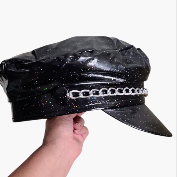 Black Biker Heavy Metal Glittery hat with Chain Detail Costume Hat Adult O/S - Picture 2 of 7